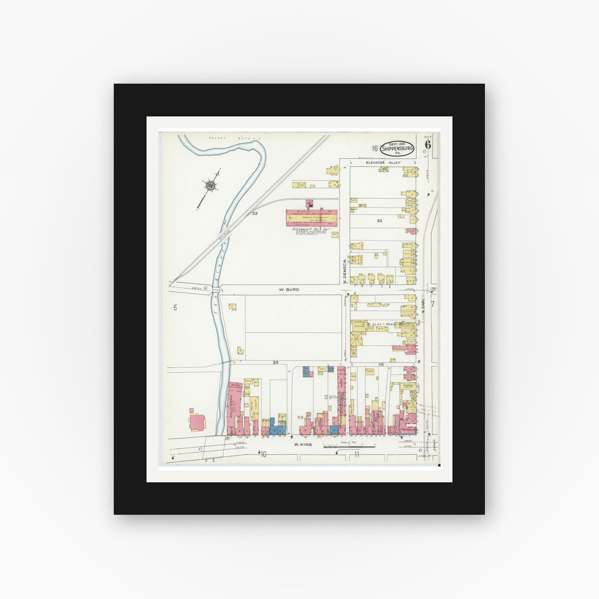 Old map wall art mockup — black gallery frame with white mat — Sanborn Fire Insurance Map from Shippensburg, Cumberland And Franklin Counties, Pennsylvania (1921), Sheet #0006