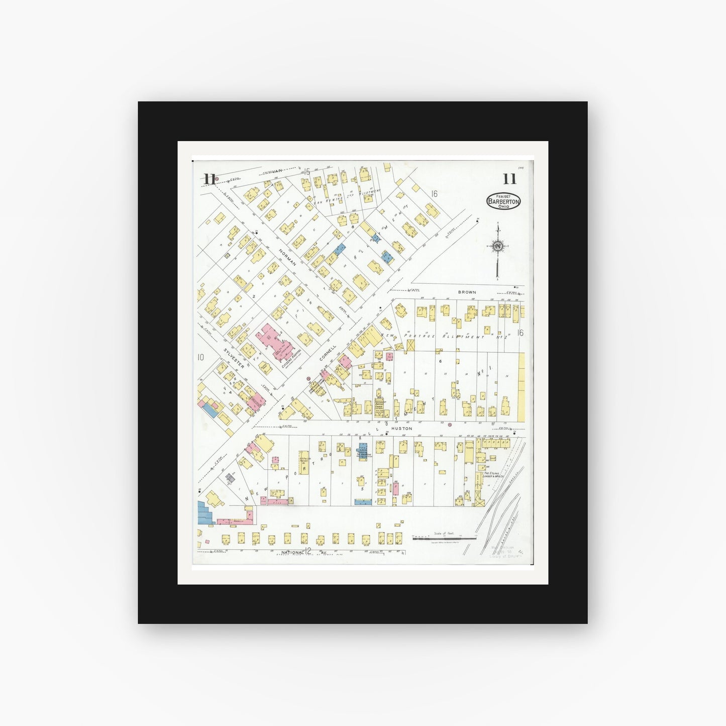 Old map wall art mockup — black gallery frame with white mat — Sanborn Fire Insurance Map from Barberton, Summit County, Ohio (1927), Sheet #0011