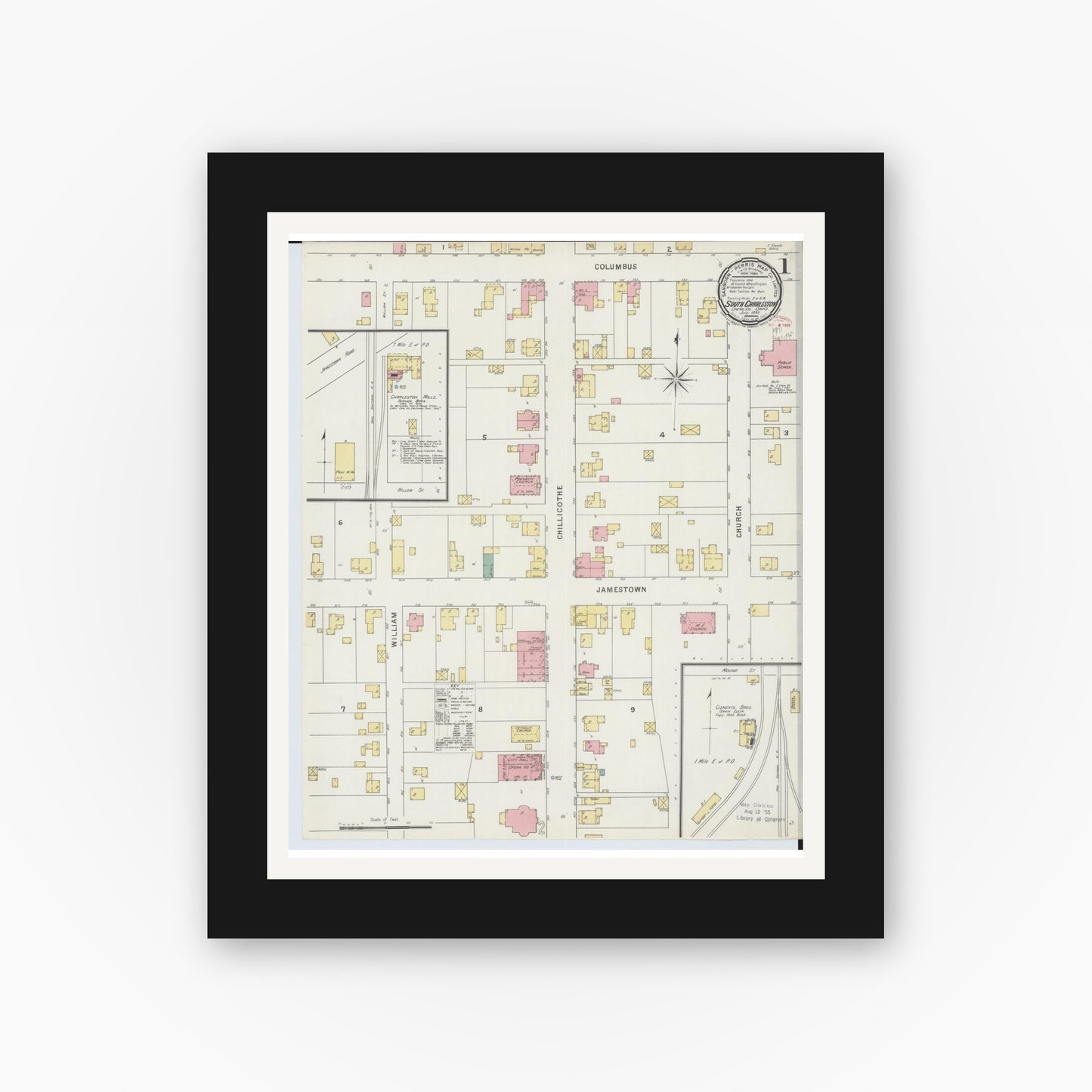 Old map wall art mockup — black gallery frame with white mat — Sanborn Fire Insurance Map from South Charleston, Clark County, Ohio (1895), Sheet #0001