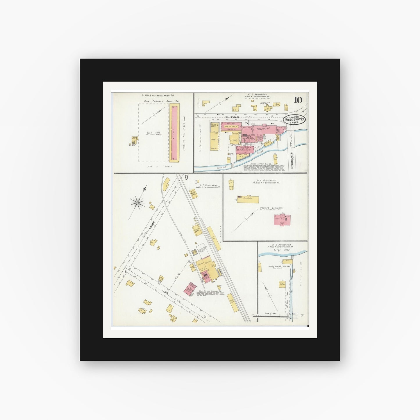Old map wall art mockup — black gallery frame with white mat — Sanborn Fire Insurance Map from Bridgewater, Plymouth County, Massachusetts (1906), Sheet #0010
