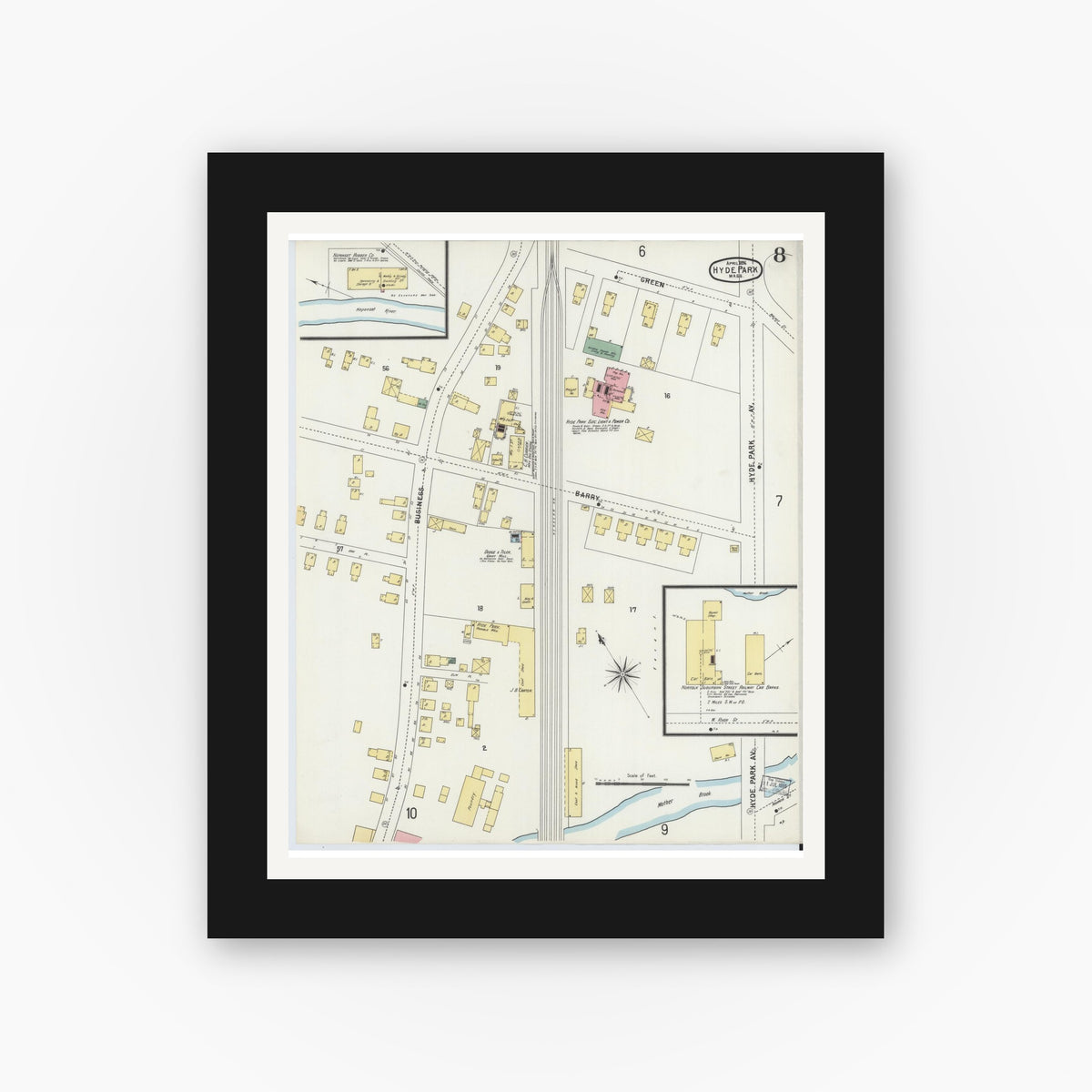 Old map wall art mockup — black gallery frame with white mat — Sanborn Fire Insurance Map from Hyde Park, Norfolk County, Massachusetts (1896), Sheet #0008