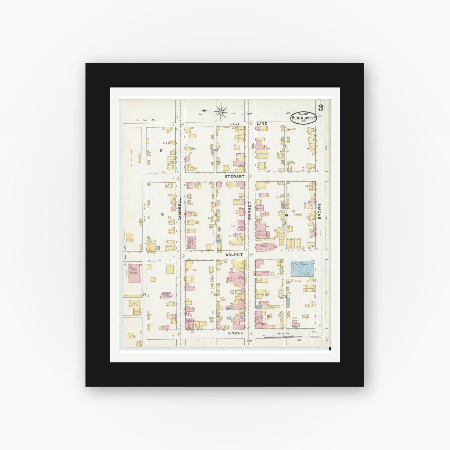 Old map wall art mockup β black gallery frame with white mat β Sanborn Fire Insurance Map from Blairsville, Indiana County, Pennsylvania (1892), Sheet #0003