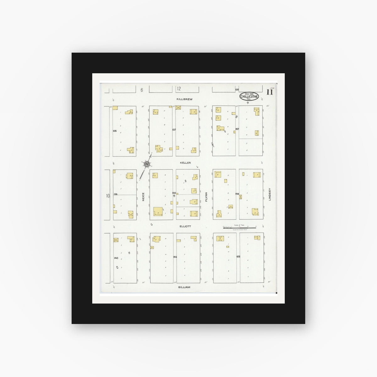 Old map wall art mockup — black gallery frame with white mat — Sanborn Fire Insurance Map from Chillicothe, Hardeman County, Texas (1921), Sheet #0011