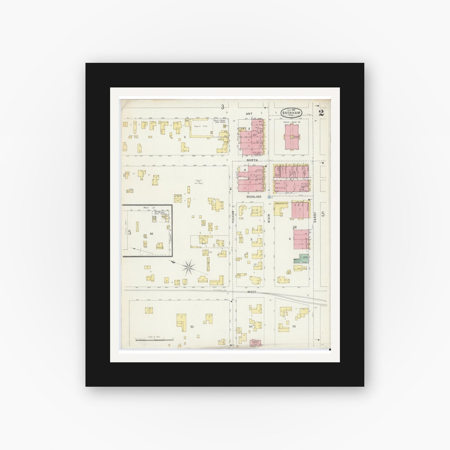 Old map wall art mockup — black gallery frame with white mat — Sanborn Fire Insurance Map from Brenham, Washington County, Texas (1896), Sheet #0002
