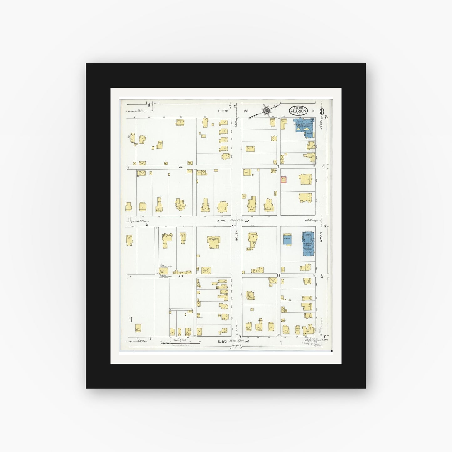 Old map wall art mockup — black gallery frame with white mat — Sanborn Fire Insurance Map from Clarion, Clarion County, Pennsylvania (1919), Sheet #0008