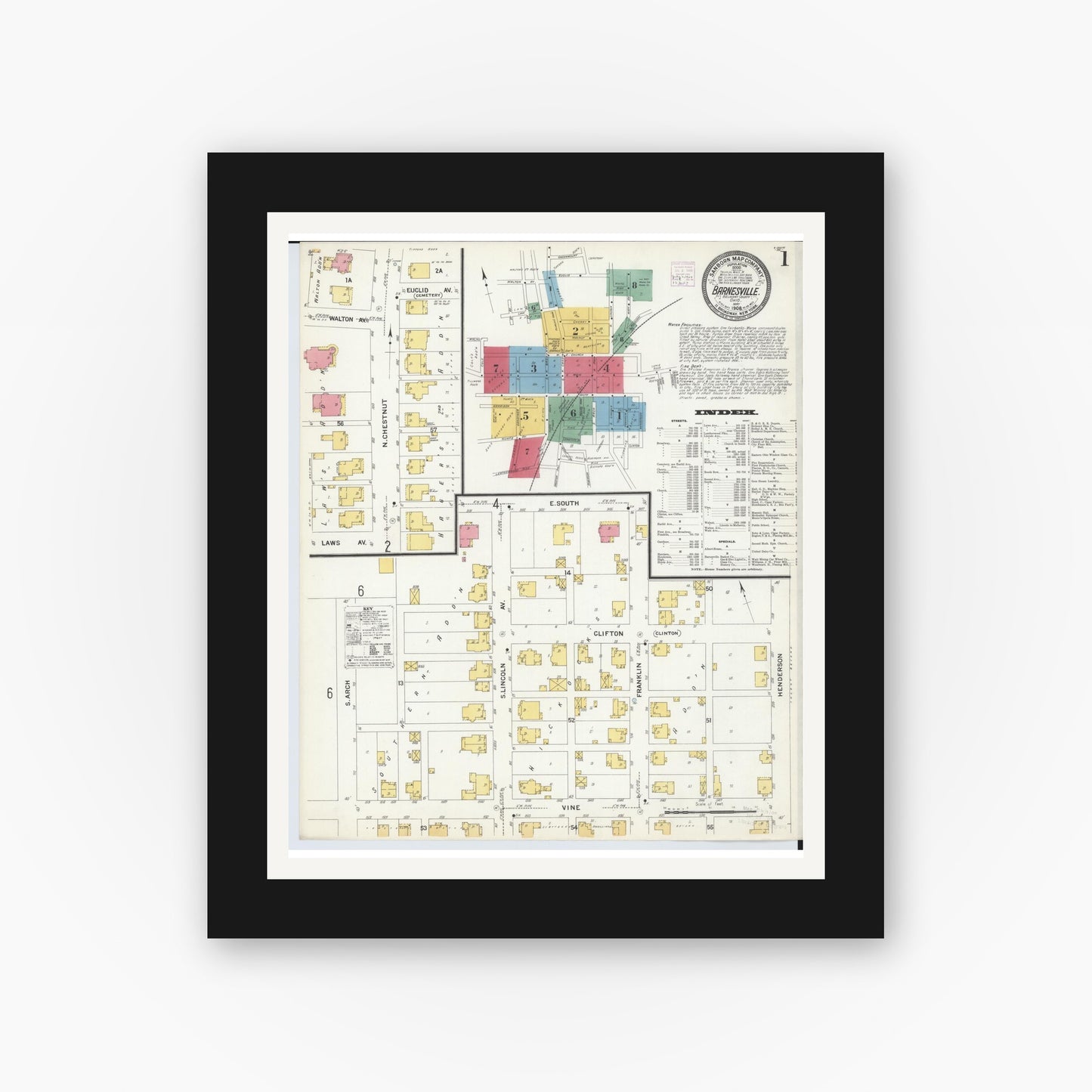 Old map wall art mockup — black gallery frame with white mat — Sanborn Fire Insurance Map from Barnesville, Belmont County, Ohio (1908) - Complete Map Set