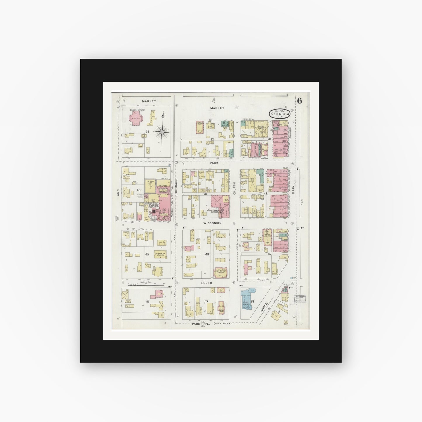 Old map wall art mockup — black gallery frame with white mat — Sanborn Fire Insurance Map from Kenosha, Kenosha County, Wisconsin (1894), Sheet #0006