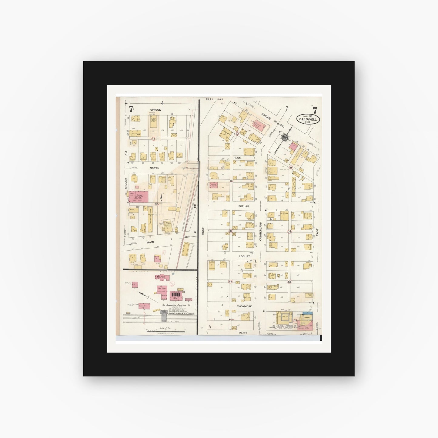 Old map wall art mockup — black gallery frame with white mat — Sanborn Fire Insurance Map from Caldwell, Noble County, Ohio (1932), Sheet #0007