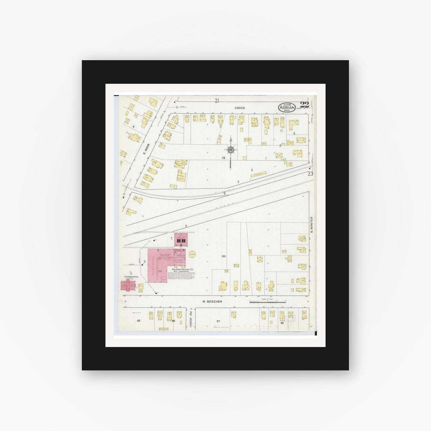 Old map wall art mockup — black gallery frame with white mat — Sanborn Fire Insurance Map from Adrian, Lenawee County, Michigan (1916), Sheet #0022