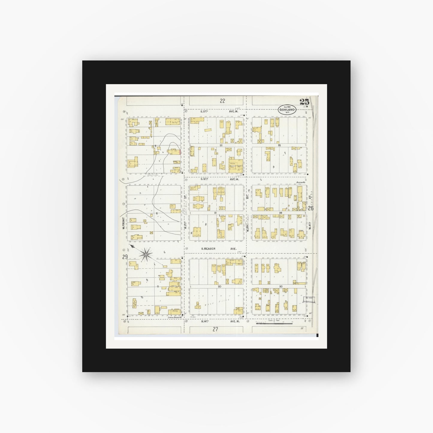 Old map wall art mockup — black gallery frame with white mat — Sanborn Fire Insurance Map from Ashland, Ashland County, Wisconsin (1901), Sheet #0025