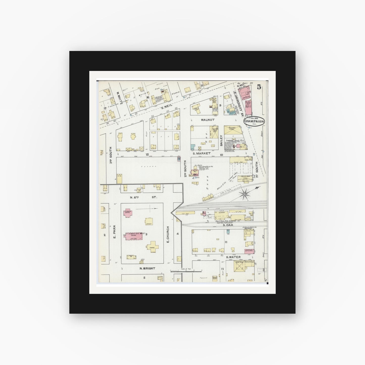 Old map wall art mockup — black gallery frame with white mat — Sanborn Fire Insurance Map from Champaign, Champaign County, Illinois (1892), Sheet #0005