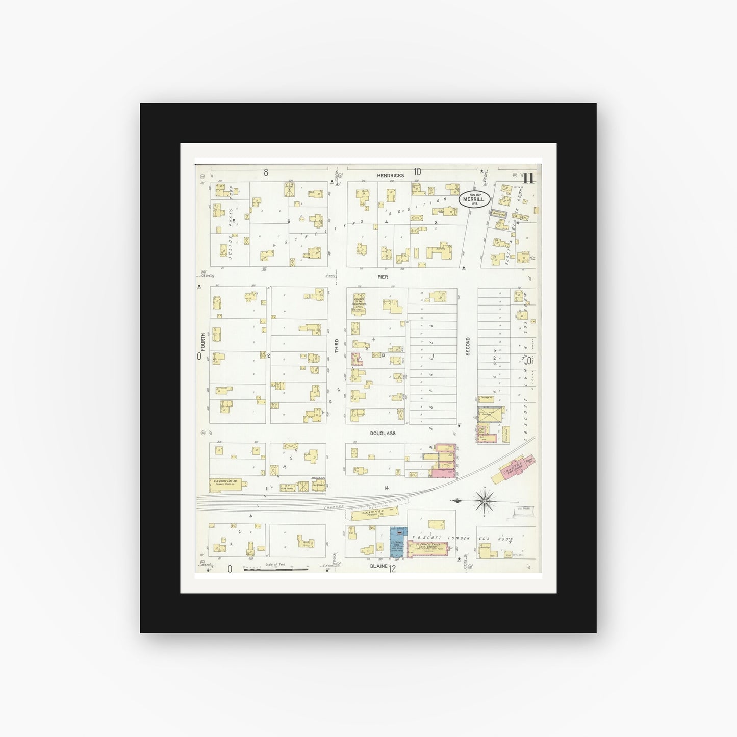 Old map wall art mockup — black gallery frame with white mat — Sanborn Fire Insurance Map from Merrill, Lincoln County, Wisconsin (1907), Sheet #0011