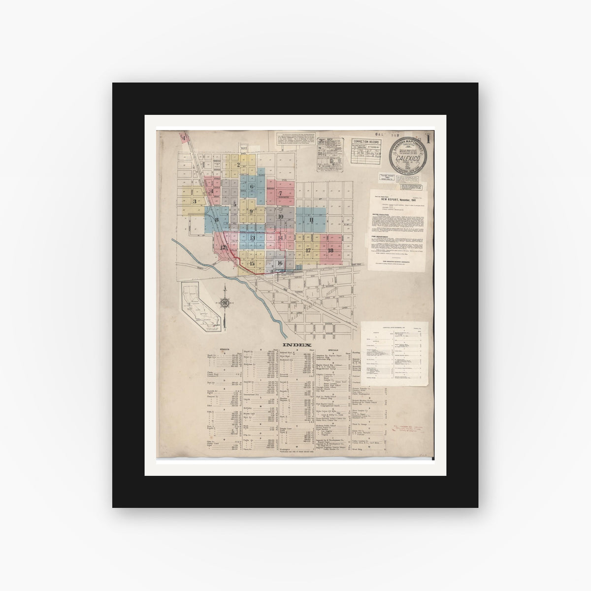 Old map wall art mockup — black gallery frame with white mat — Sanborn Fire Insurance Map from Calexico, Imperial County, California (1949) - Complete Map Set