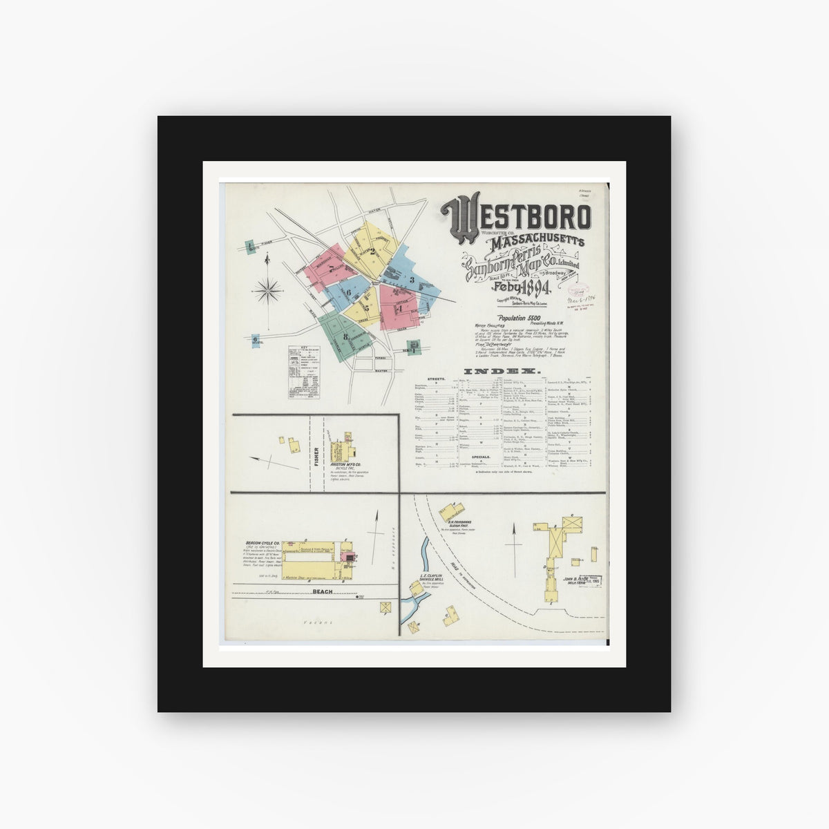 Old map wall art mockup — black gallery frame with white mat — Sanborn Fire Insurance Map from Westboro, Worcester County, Massachusetts (1894) - Complete Map Set