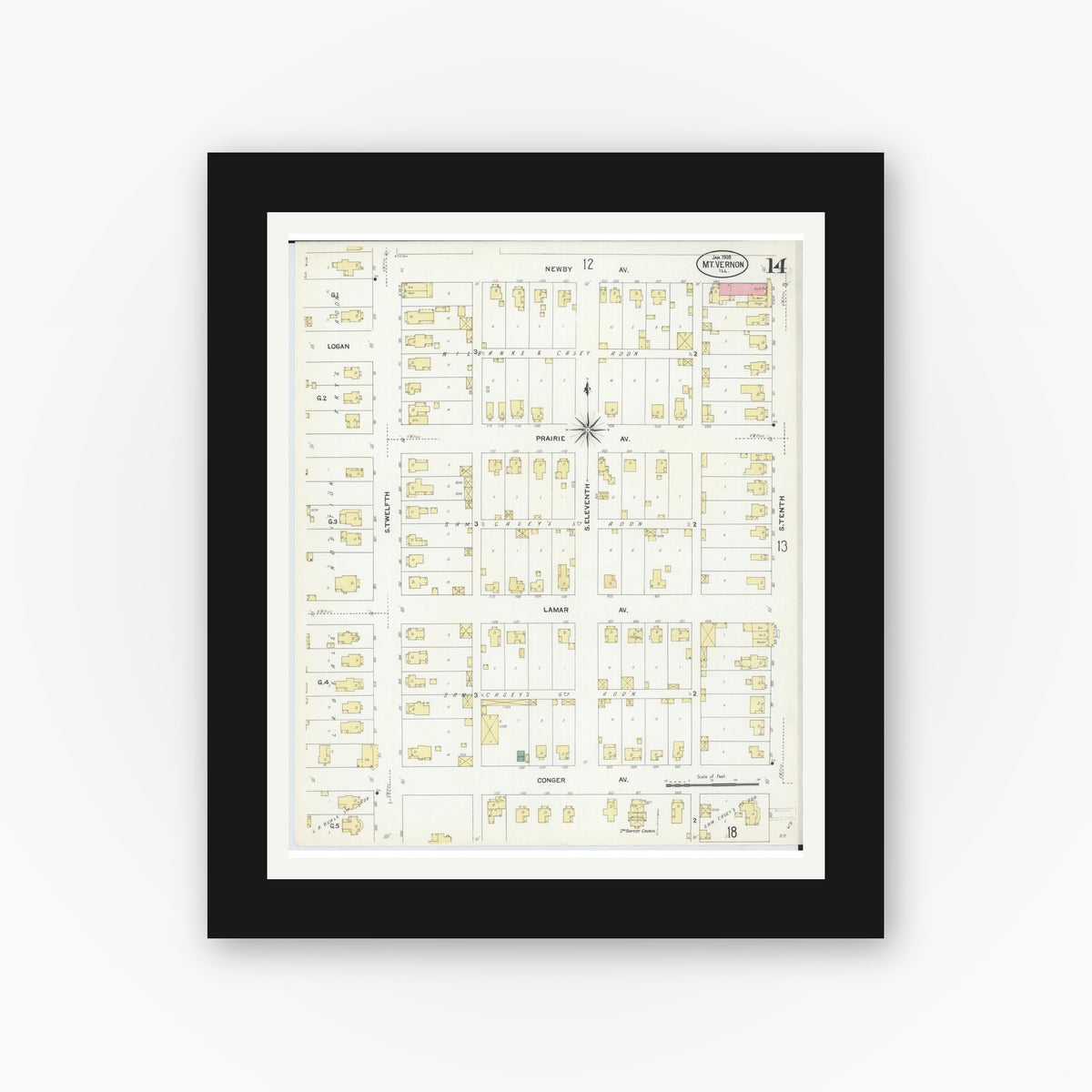 Old map wall art mockup — black gallery frame with white mat — Sanborn Fire Insurance Map from Mount Vernon, Jefferson County, Illinois (1908), Sheet #0014