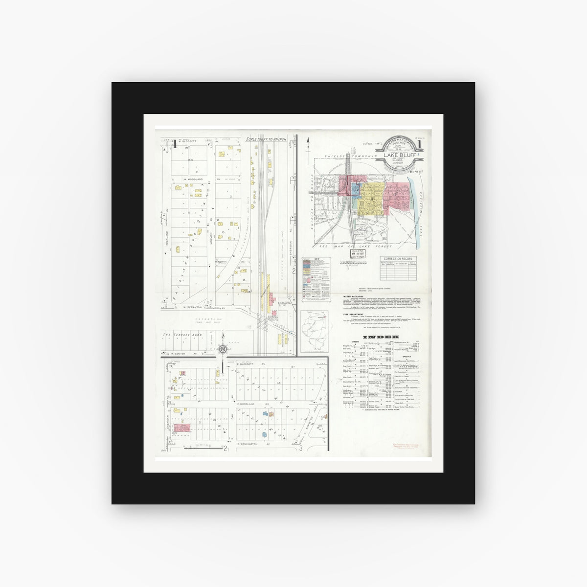 Old map wall art mockup — black gallery frame with white mat — Sanborn Fire Insurance Map from Lake Bluff, Lake County, Illinois (1937), Sheet #0001