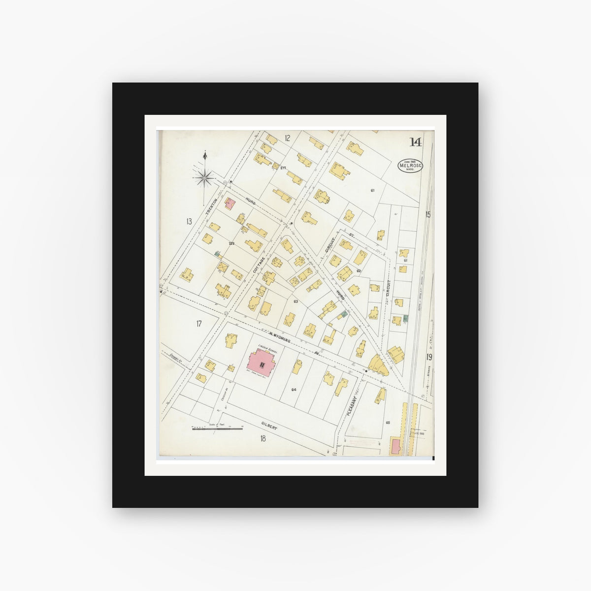 Old map wall art mockup — black gallery frame with white mat — Sanborn Fire Insurance Map from Melrose, Middlesex County, Massachusetts (1903), Sheet #0014