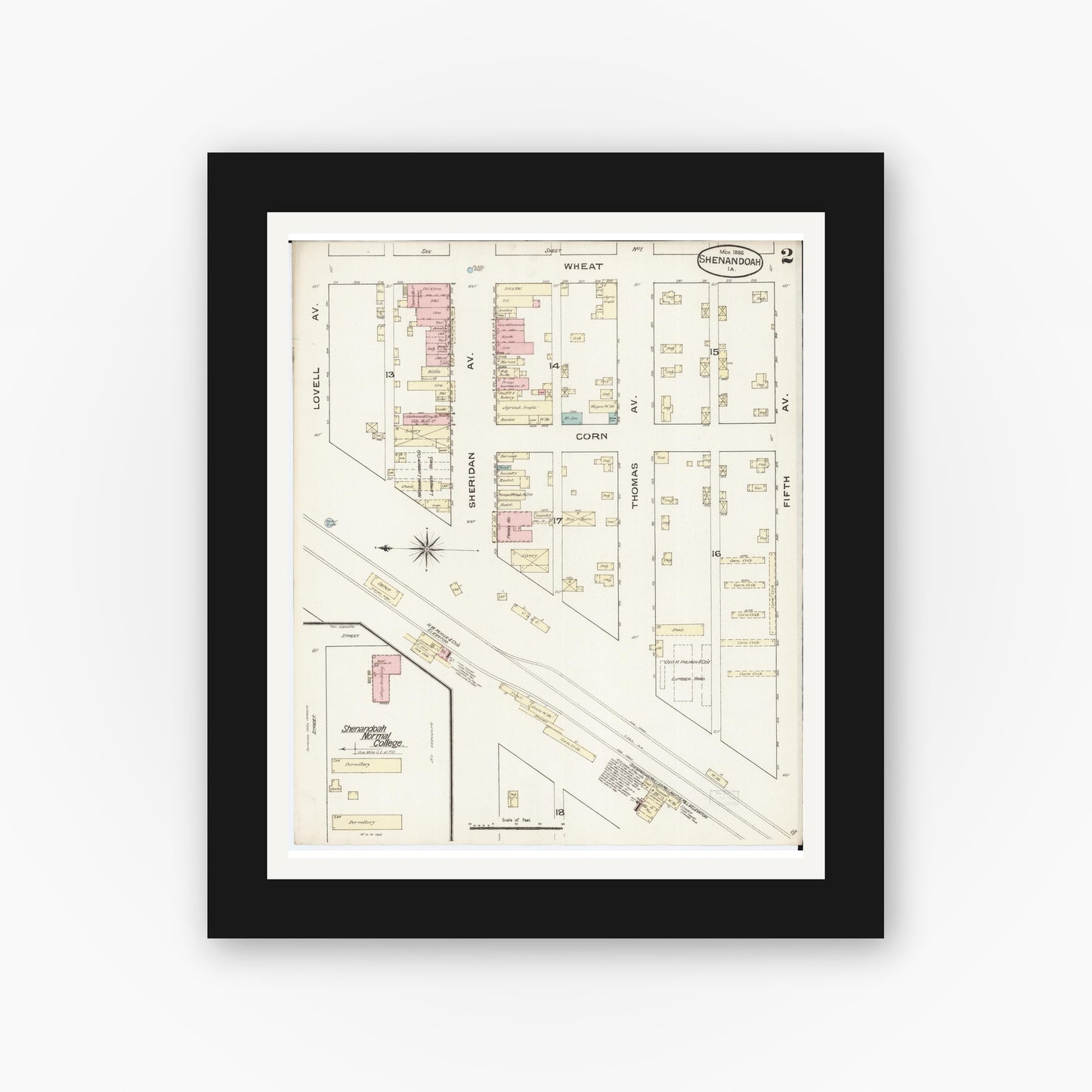 Old map wall art mockup β black gallery frame with white mat β Sanborn Fire Insurance Map from Shenandoah, Page County, Iowa (1886), Sheet #0002