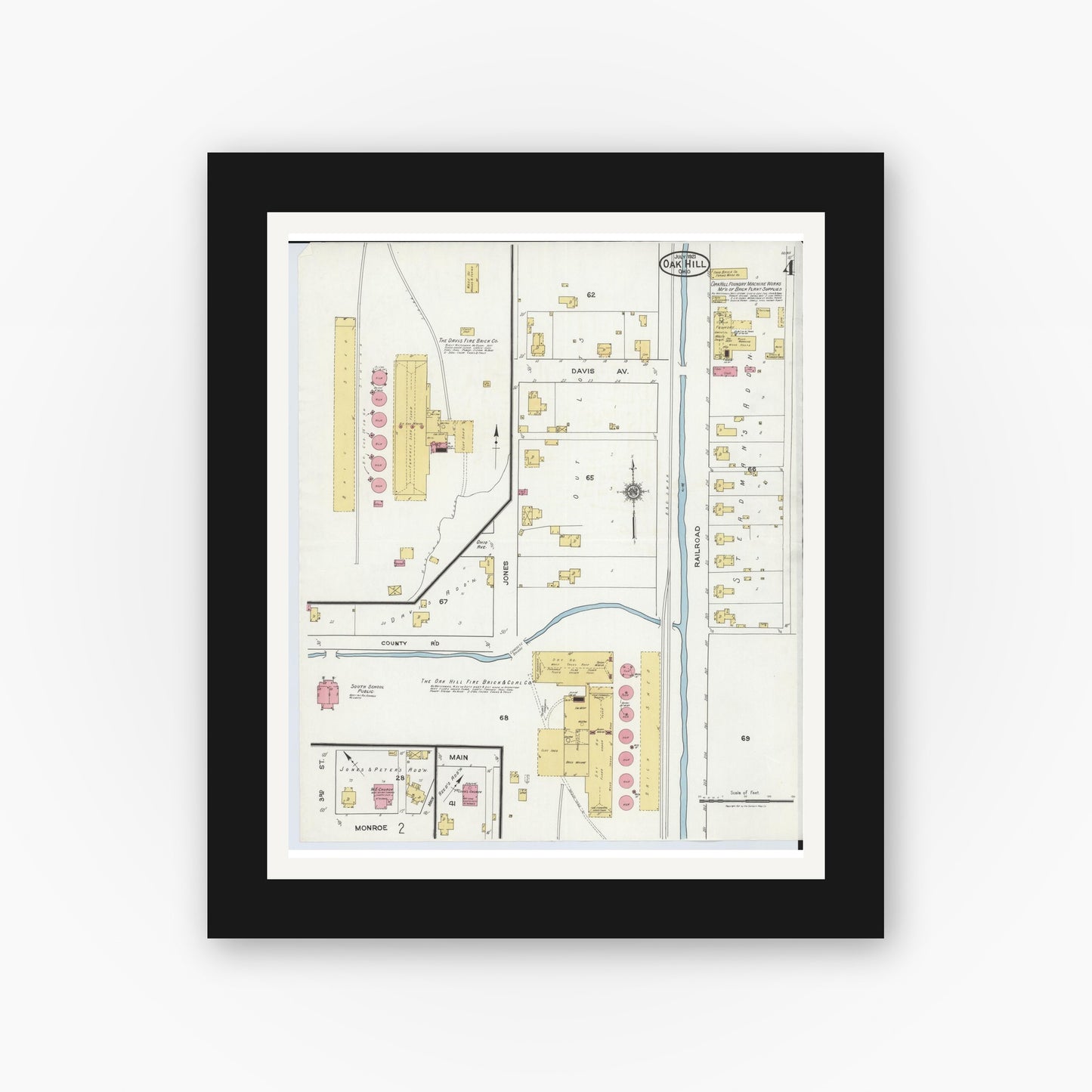 Old map wall art mockup — black gallery frame with white mat — Sanborn Fire Insurance Map from Oak Hill, Jackson County, Ohio (1921), Sheet #0004