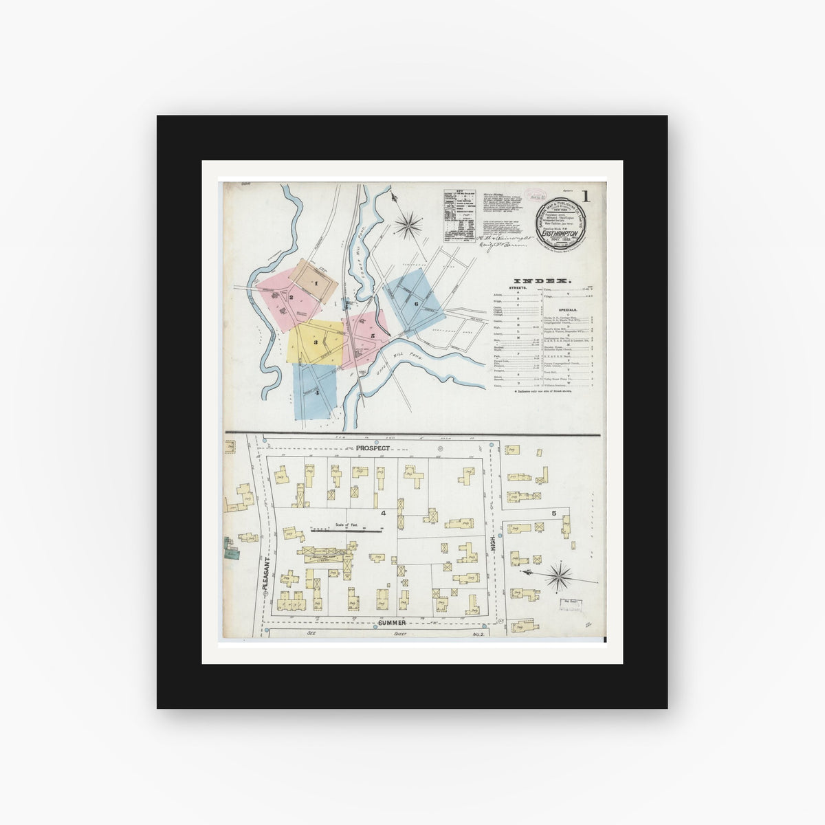 Old map wall art mockup — black gallery frame with white mat — Sanborn Fire Insurance Map from East Hampton, Hampshire County, Massachusetts (1889), Sheet #0001