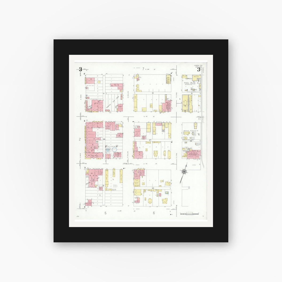 Old map wall art mockup — black gallery frame with white mat — Sanborn Fire Insurance Map from Lamesa, Dawson County, Texas (1939), Sheet #0003