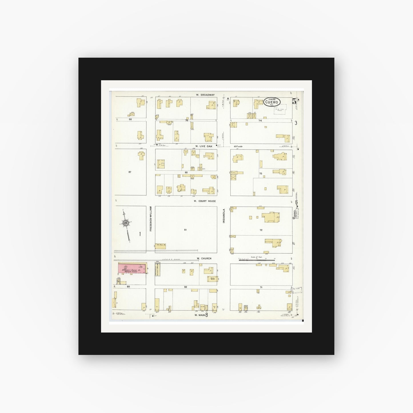 Old map wall art mockup — black gallery frame with white mat — Sanborn Fire Insurance Map from Cuero, De Witt County, Texas (1912), Sheet #0005