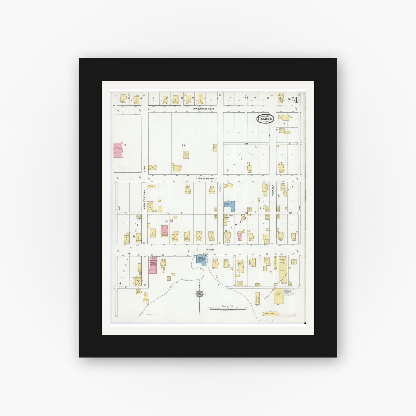 Old map wall art mockup — black gallery frame with white mat — Sanborn Fire Insurance Map from Camden, Carroll County, Indiana (1919), Sheet #0004