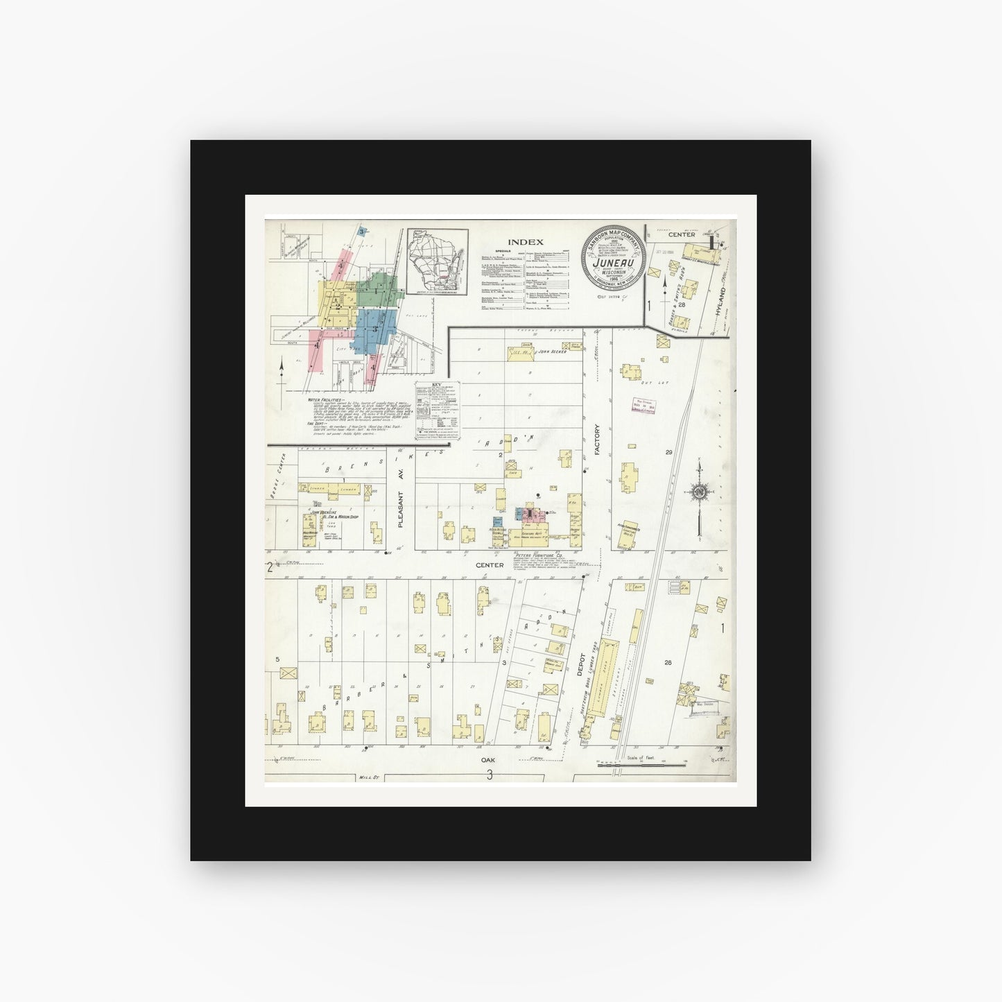 Old map wall art mockup — black gallery frame with white mat — Sanborn Fire Insurance Map from Juneau, Dodge County, Wisconsin (1914) - Complete Map Set