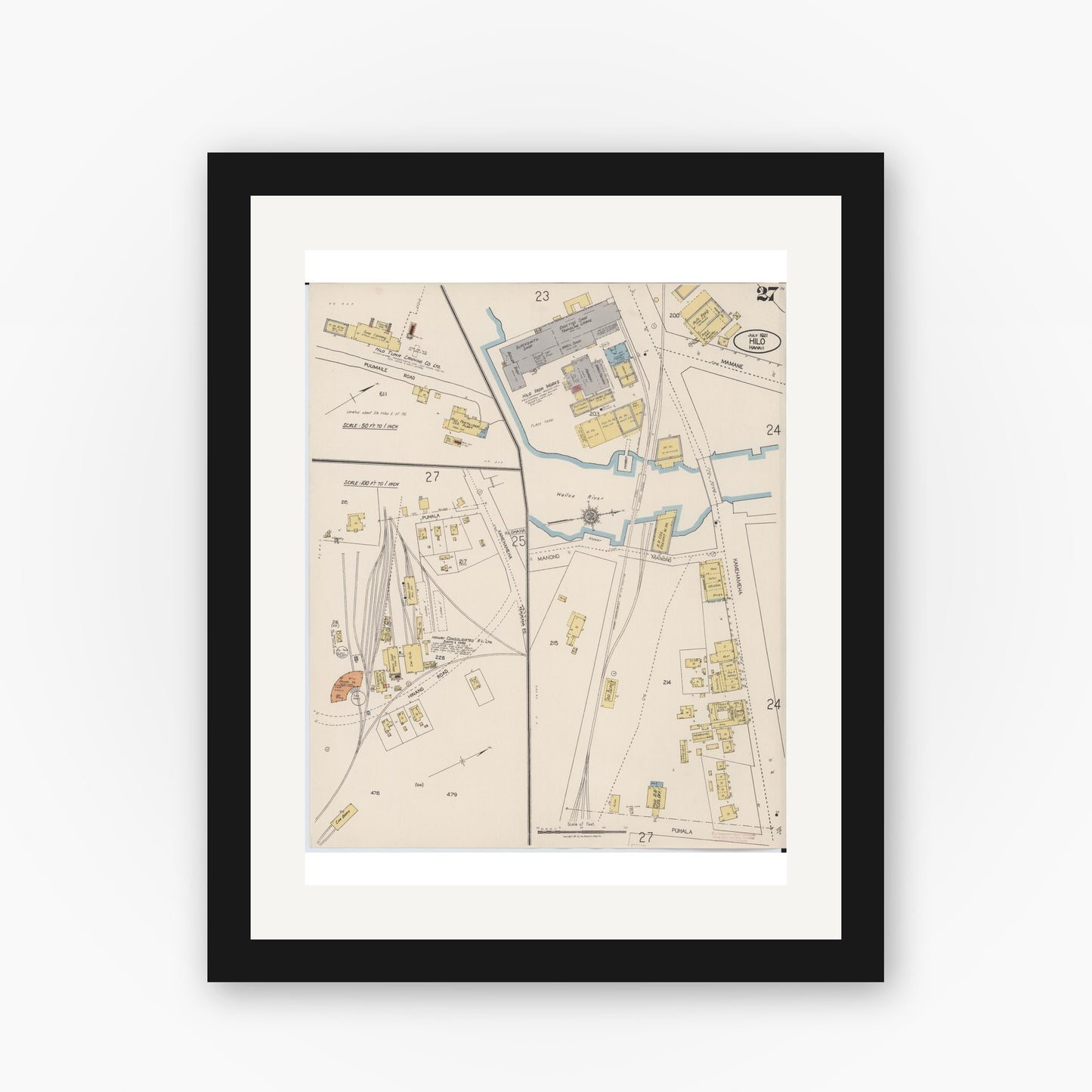 Old map wall art mockup — black gallery frame with white mat — Sanborn Fire Insurance Map from Hilo, Hawaii County, Hawaii (1921), Sheet #0027