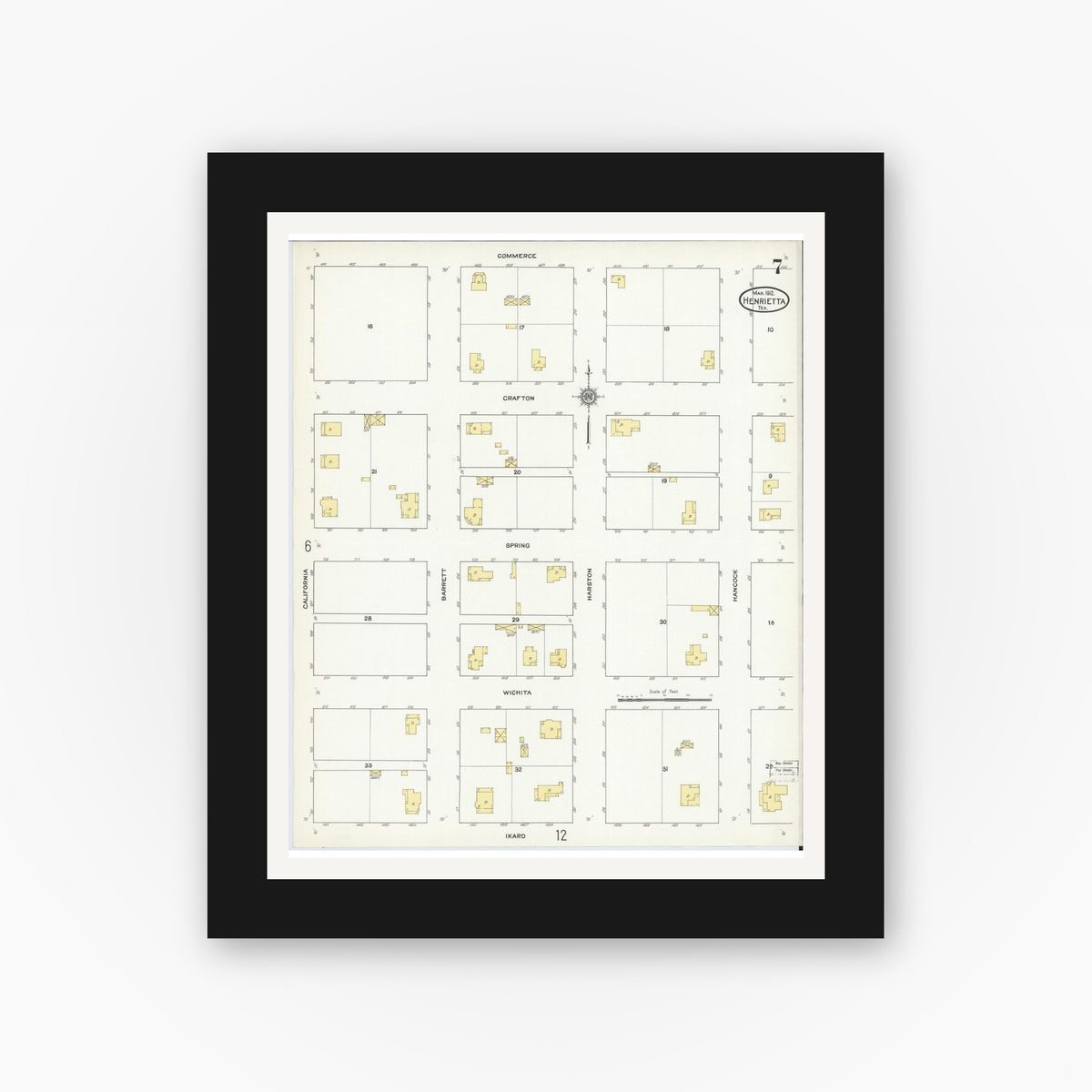 Old map wall art mockup — black gallery frame with white mat — Sanborn Fire Insurance Map from Henrietta, Clay County, Texas (1912), Sheet #0007