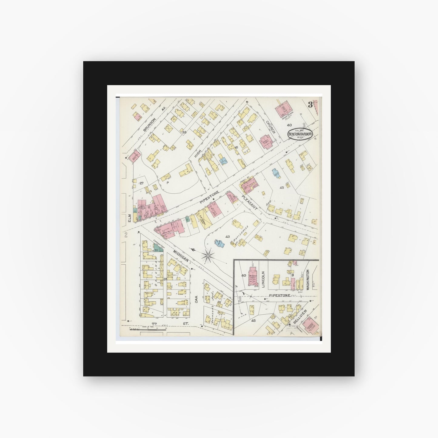 Old map wall art mockup — black gallery frame with white mat — Sanborn Fire Insurance Map from Benton Harbor, Berrien County, Michigan (1892), Sheet #0003
