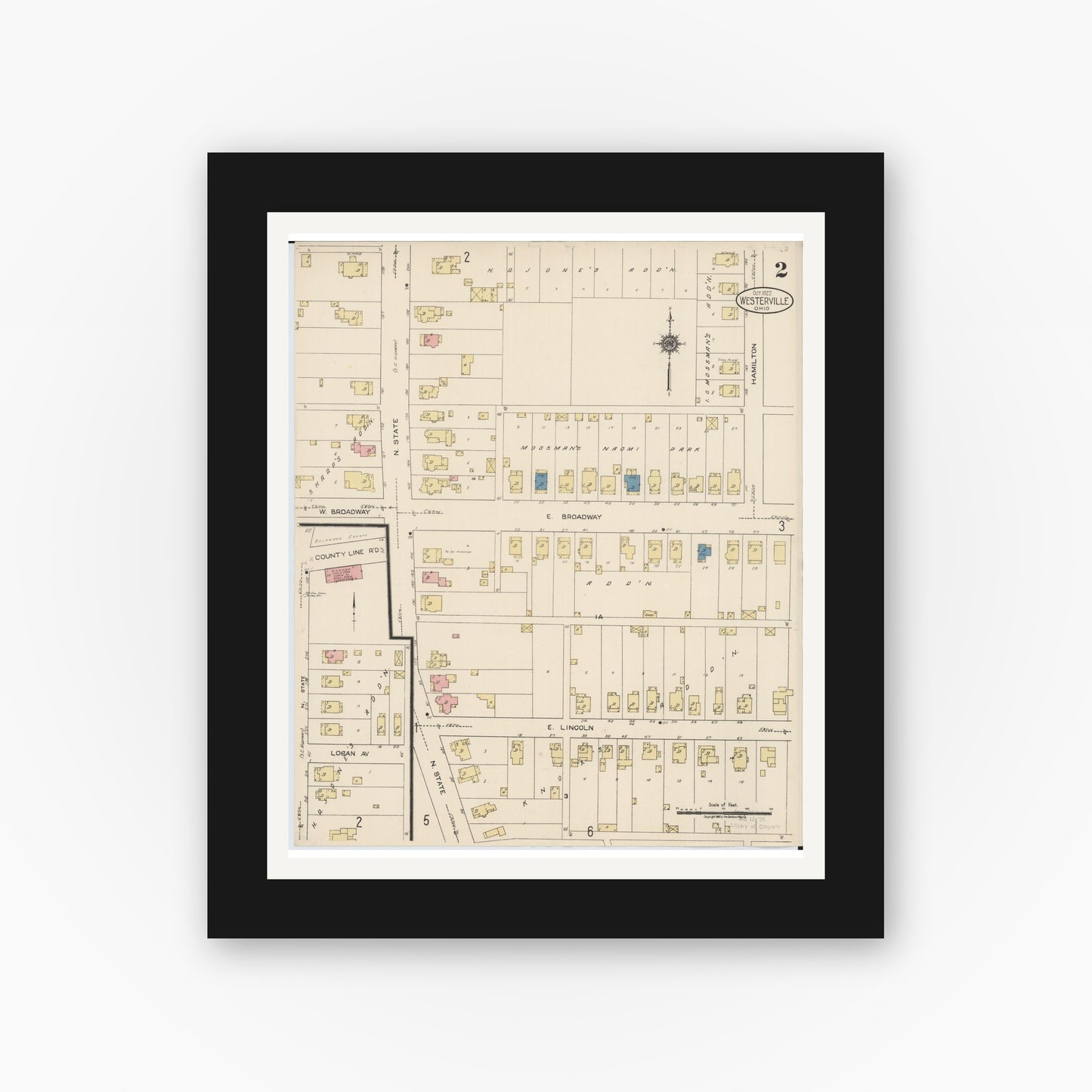 Old map wall art mockup — black gallery frame with white mat — Sanborn Fire Insurance Map from Westerville, Franklin County, Ohio (1922), Sheet #0002