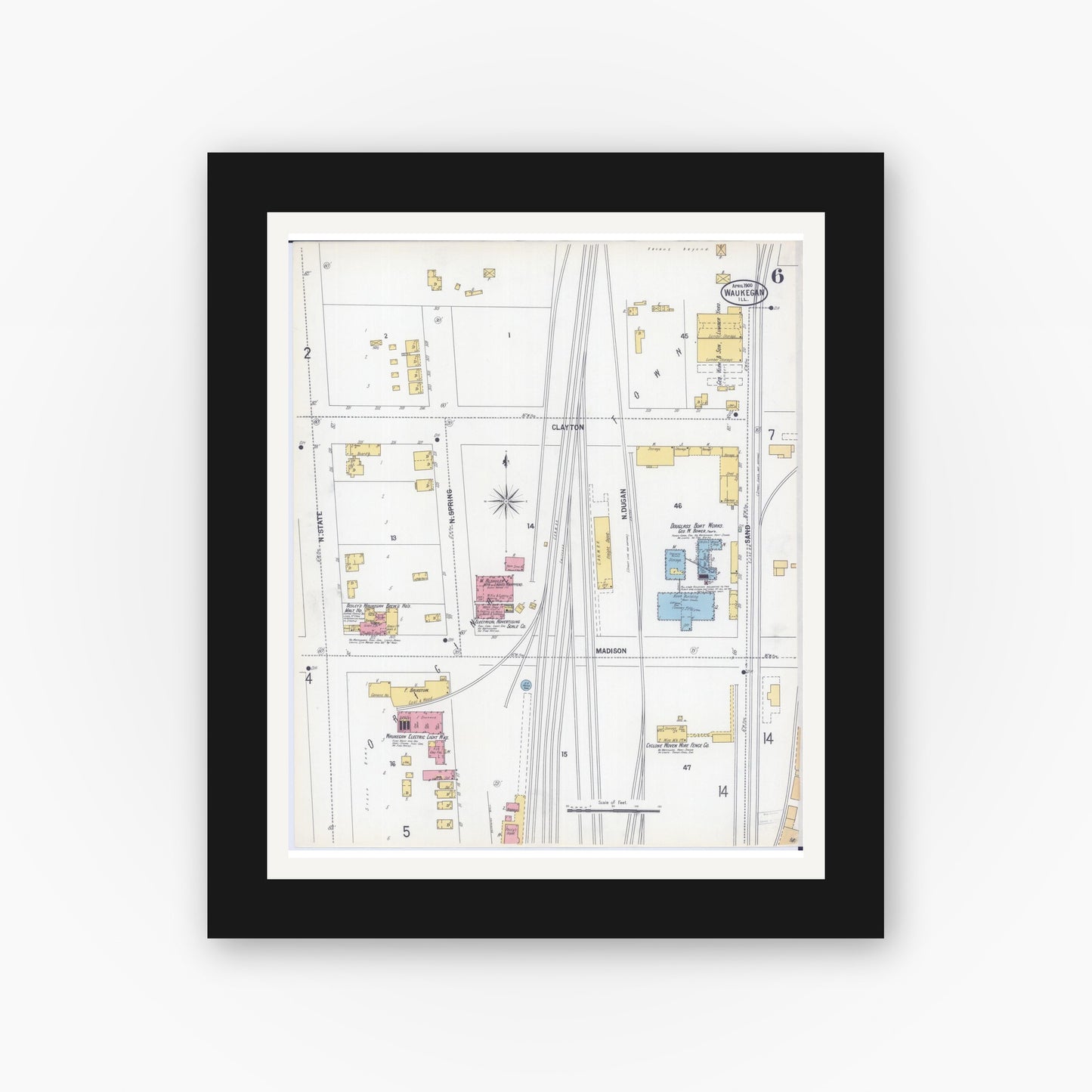 Old map wall art mockup — black gallery frame with white mat — Sanborn Fire Insurance Map from Waukegan, Lake County, Illinois (1900), Sheet #0006