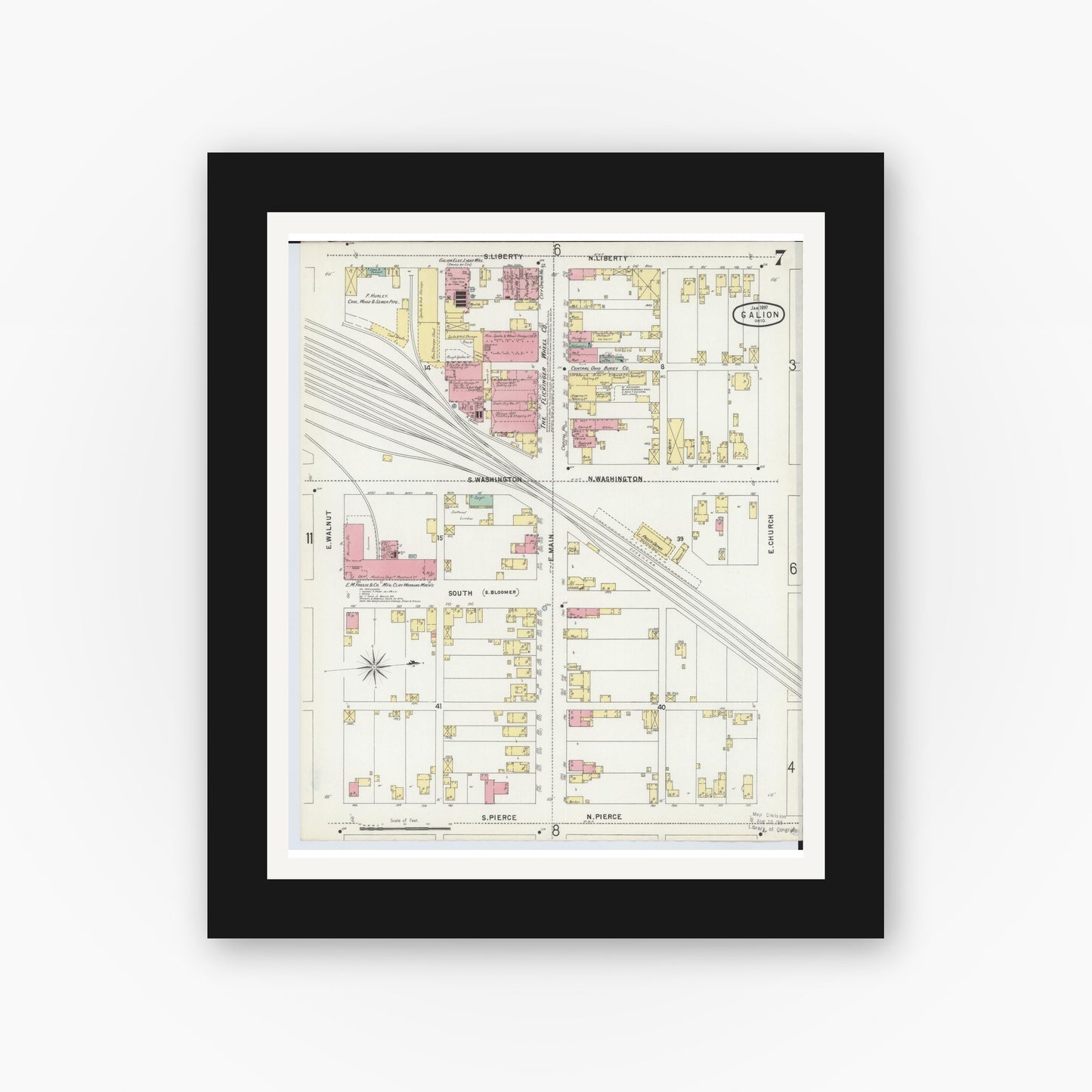 Old map wall art mockup — black gallery frame with white mat — Sanborn Fire Insurance Map from Galion, Crawford County, Ohio (1897), Sheet #0007