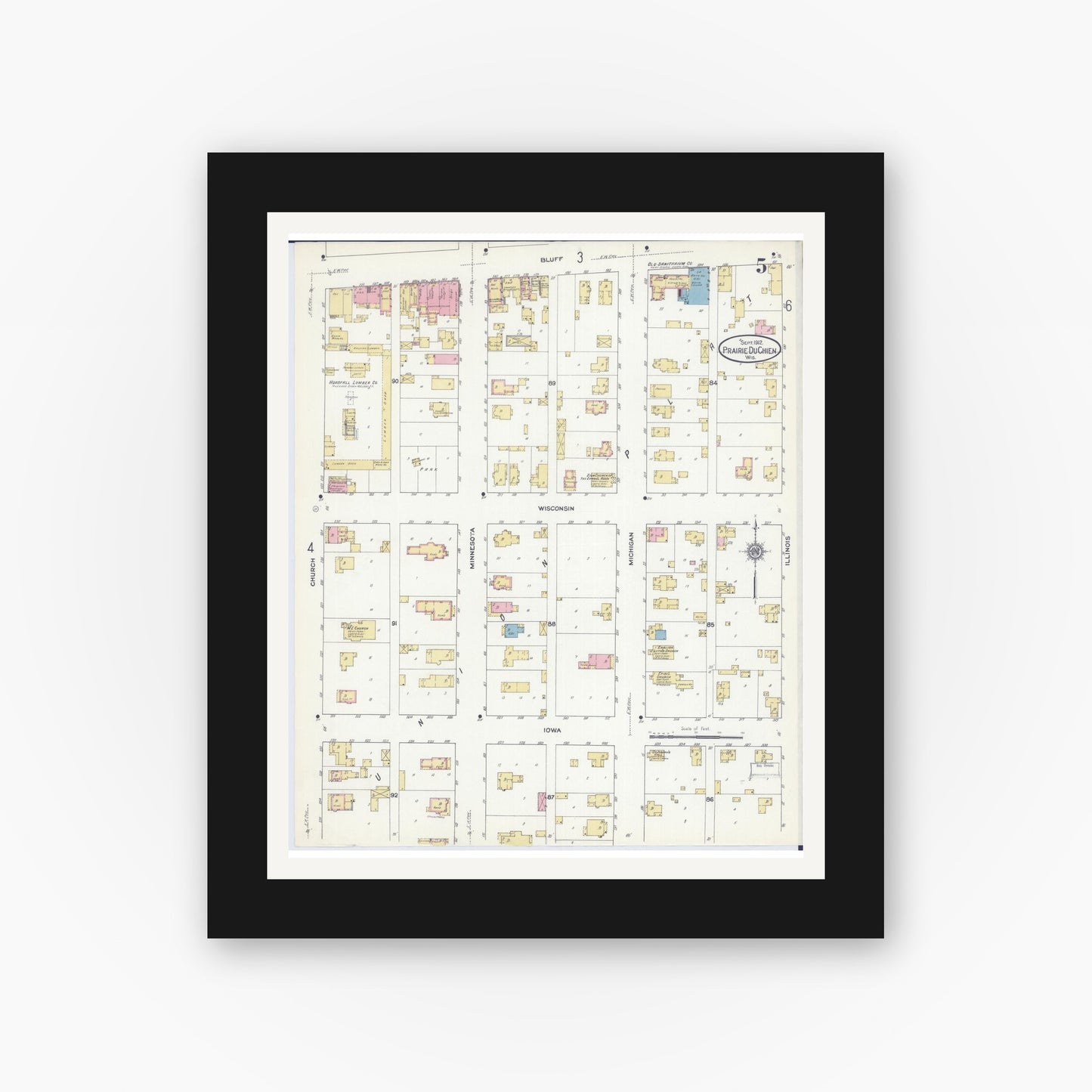 Old map wall art mockup — black gallery frame with white mat — Sanborn Fire Insurance Map from Prairie du Chien, Crawford County, Wisconsin (1912), Sheet #0005