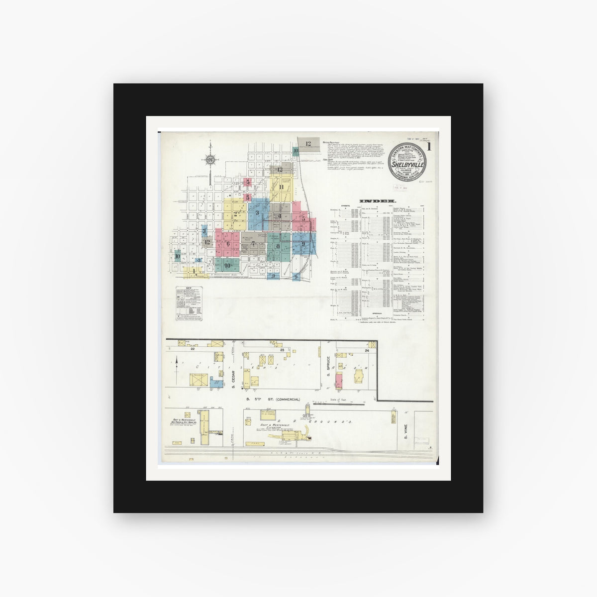 Old map wall art mockup — black gallery frame with white mat — Sanborn Fire Insurance Map from Shelbyville, Shelby County, Illinois (1911) - Complete Map Set