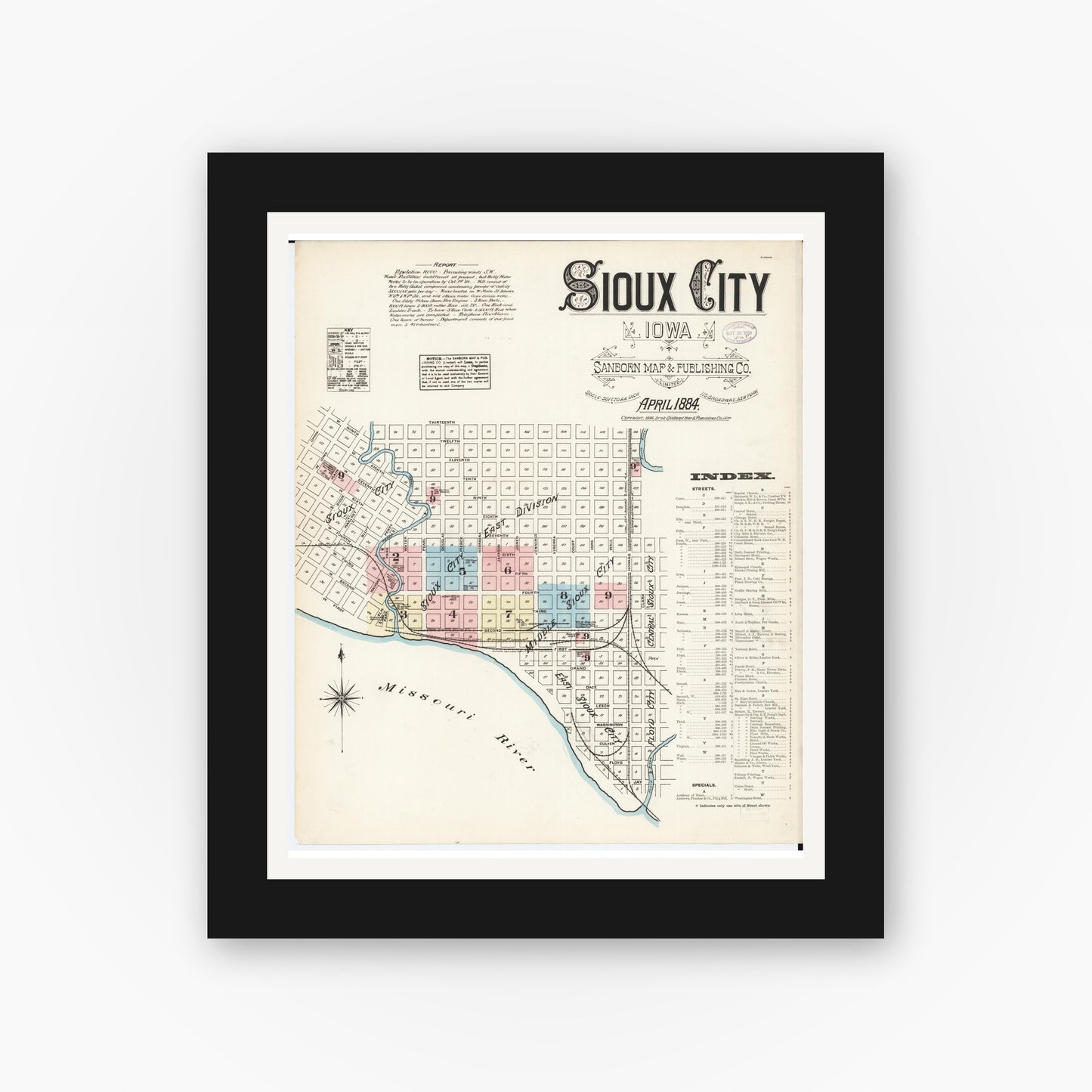 Old map wall art mockup — black gallery frame with white mat — Sanborn Fire Insurance Map from Sioux City, Woodbury County, Iowa (1884), Sheet #0001