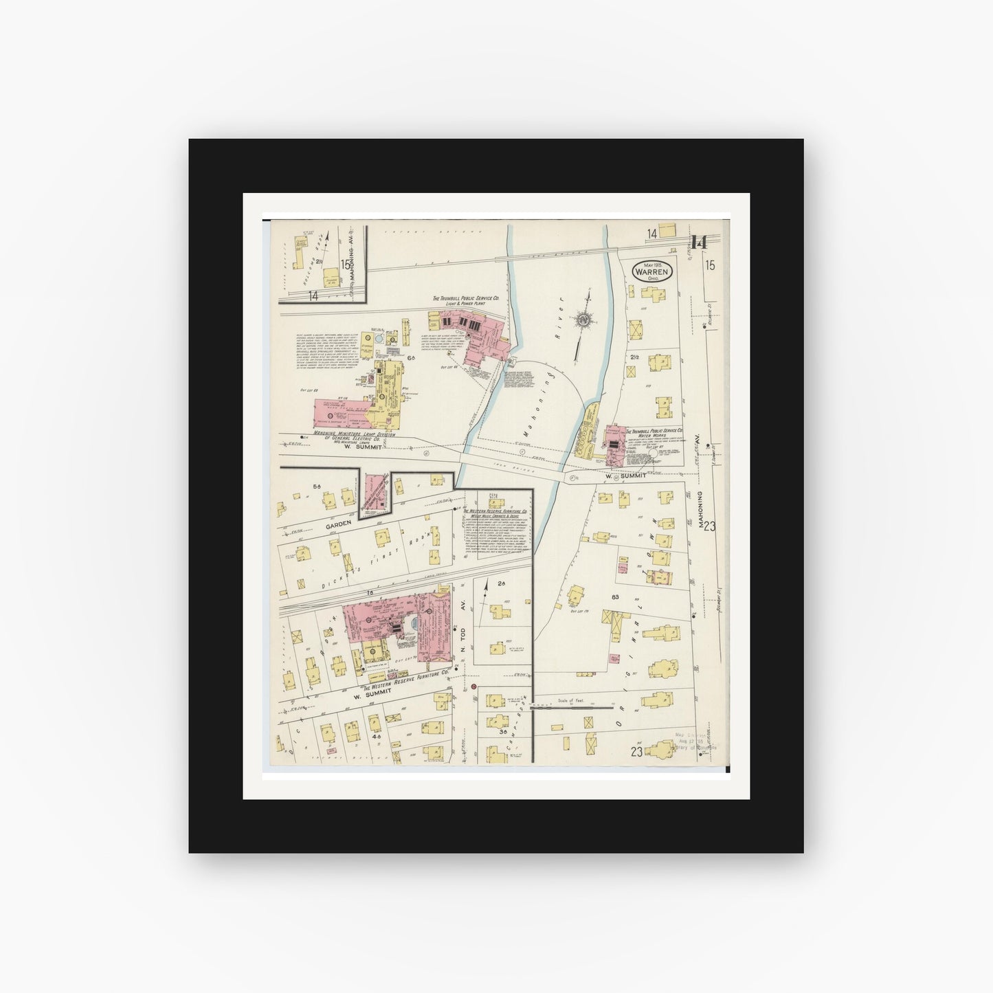 Old map wall art mockup — black gallery frame with white mat — Sanborn Fire Insurance Map from Warren, Trumbull County, Ohio (1915), Sheet #0014