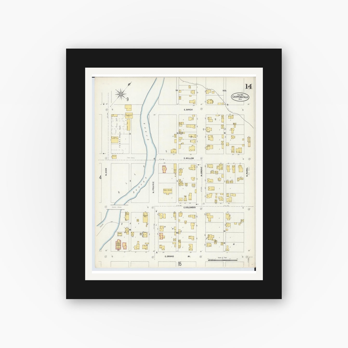 Old map wall art mockup — black gallery frame with white mat — Sanborn Fire Insurance Map from Chippewa Falls, Chippewa County, Wisconsin (1903), Sheet #0014