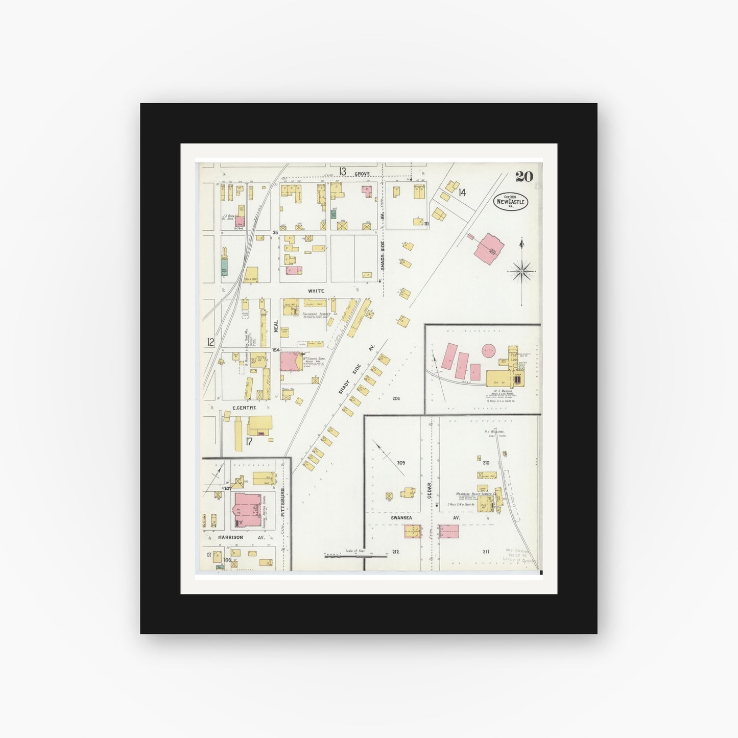 Old map wall art mockup — black gallery frame with white mat — Sanborn Fire Insurance Map from New Castle, Lawrence County, Pennsylvania (1899), Sheet #0020