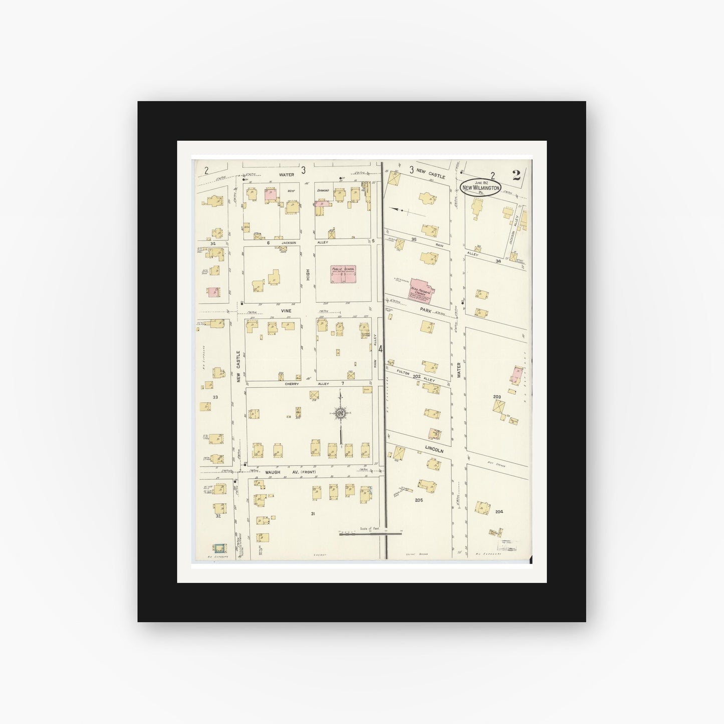 Old map wall art mockup — black gallery frame with white mat — Sanborn Fire Insurance Map from New Wilmington, Lawrence County, Pennsylvania (1912), Sheet #0002
