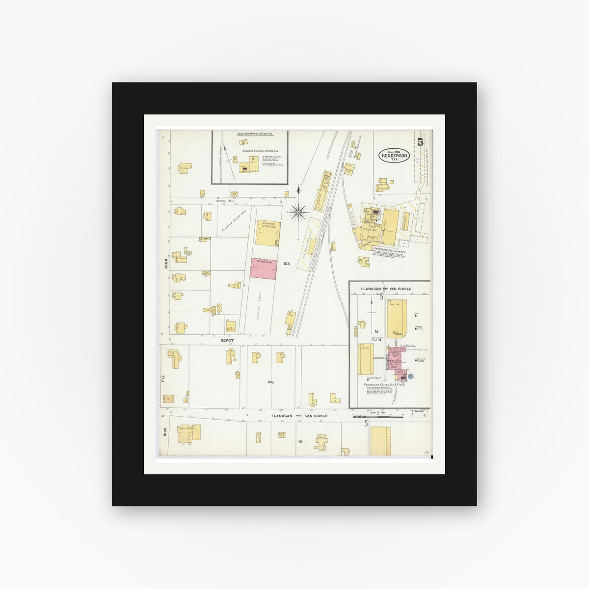 Old map wall art mockup — black gallery frame with white mat — Sanborn Fire Insurance Map from Henderson, Rusk County, Texas (1906), Sheet #0005
