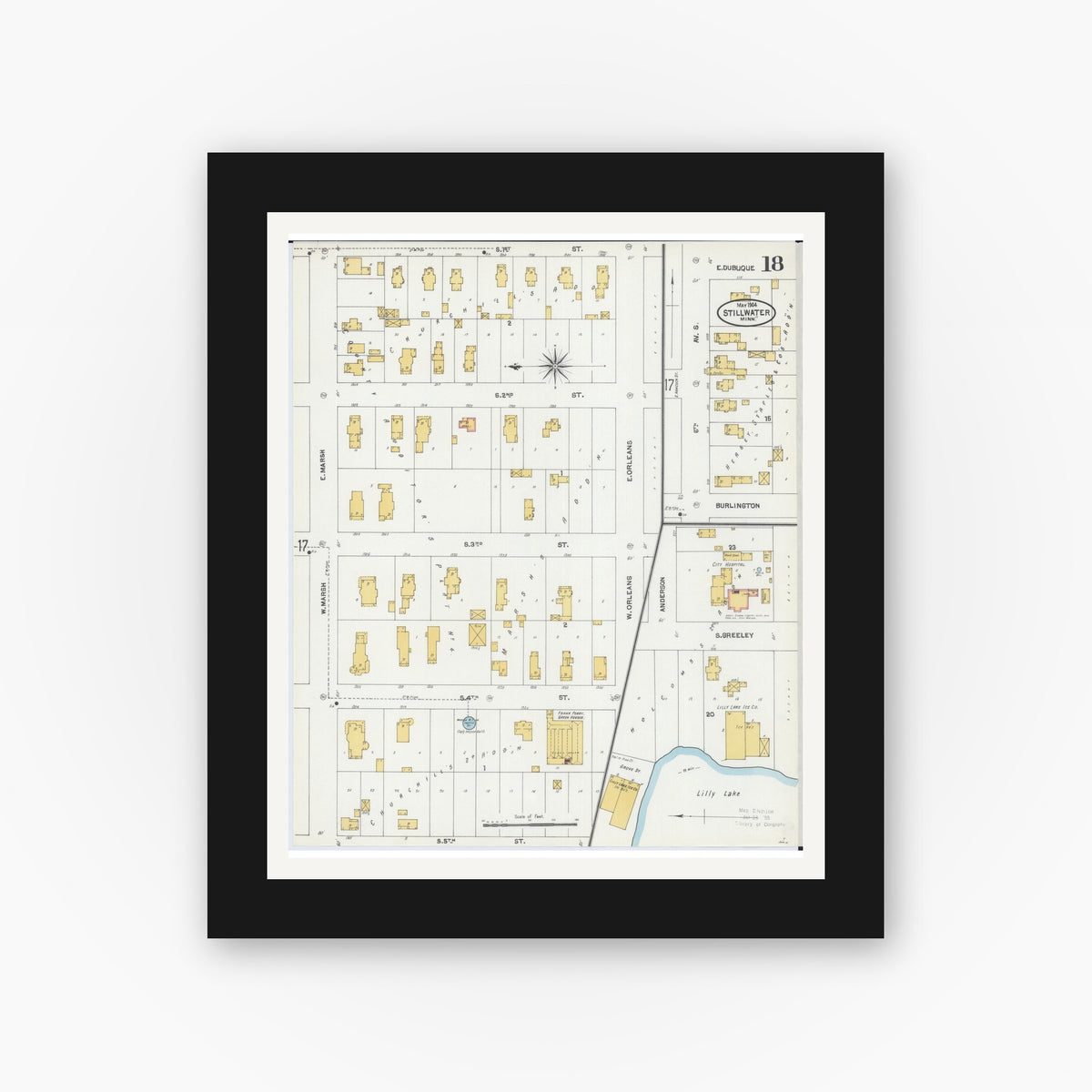 Old map wall art mockup — black gallery frame with white mat — Sanborn Fire Insurance Map from Stillwater, Washington County, Minnesota (1904), Sheet #0018