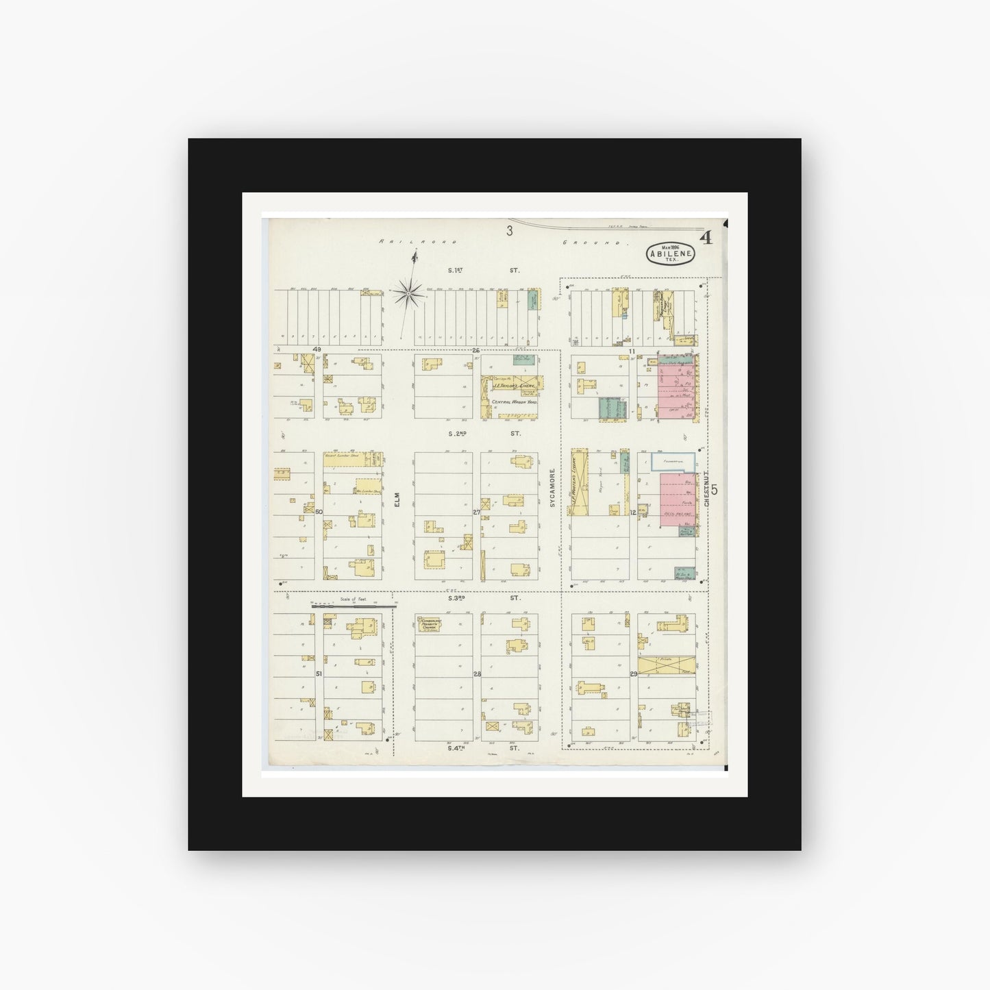Old map wall art mockup — black gallery frame with white mat — Sanborn Fire Insurance Map from Abilene, Taylor County, Texas (1896), Sheet #0004