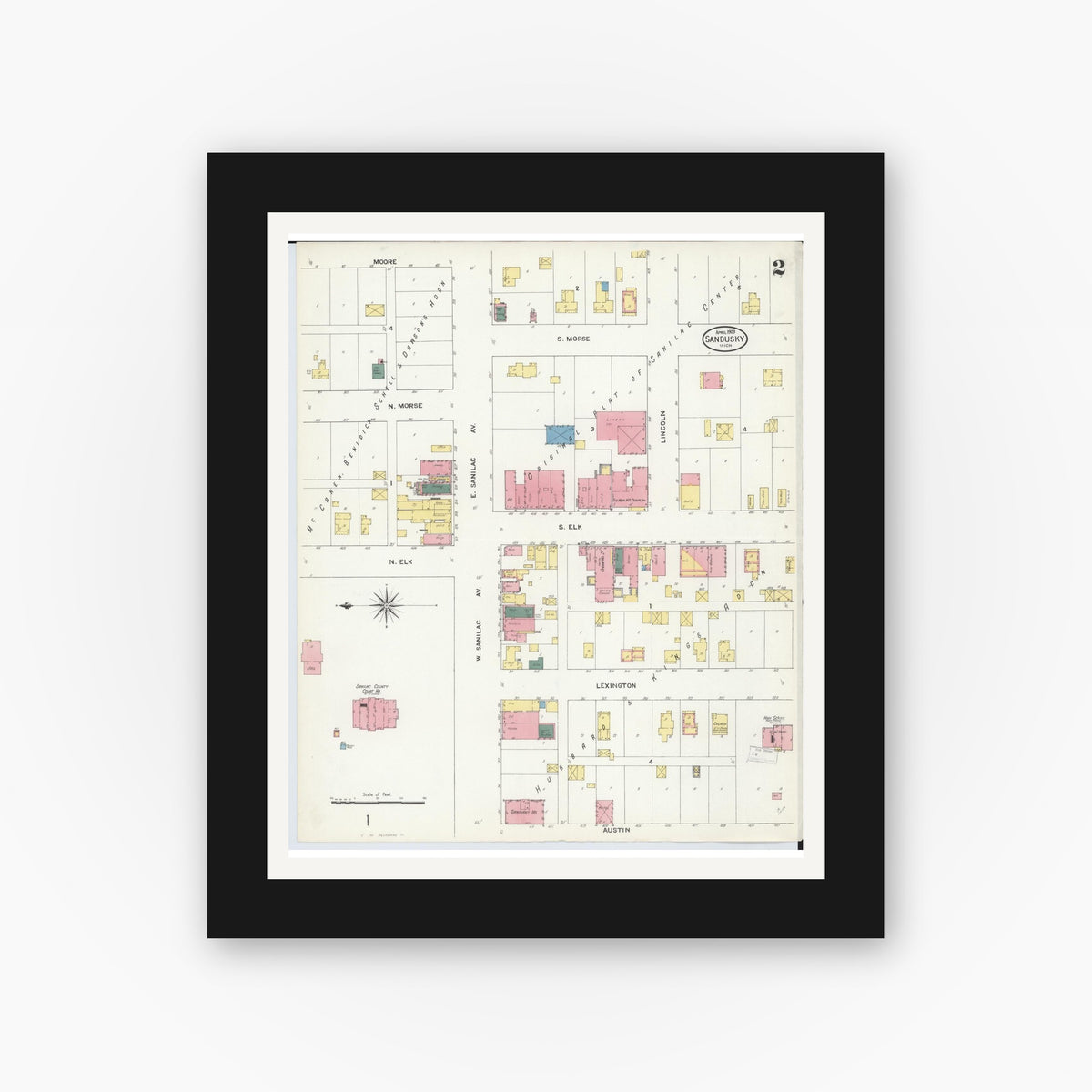 Old map wall art mockup — black gallery frame with white mat — Sanborn Fire Insurance Map from Sandusky, Sanilac County, Michigan (1909), Sheet #0002