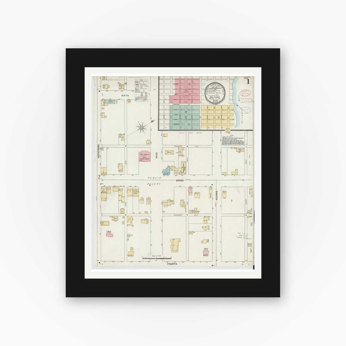Old map wall art mockup — black gallery frame with white mat — Sanborn Fire Insurance Map from Milford, Pike County, Pennsylvania (1897) - Complete Map Set
