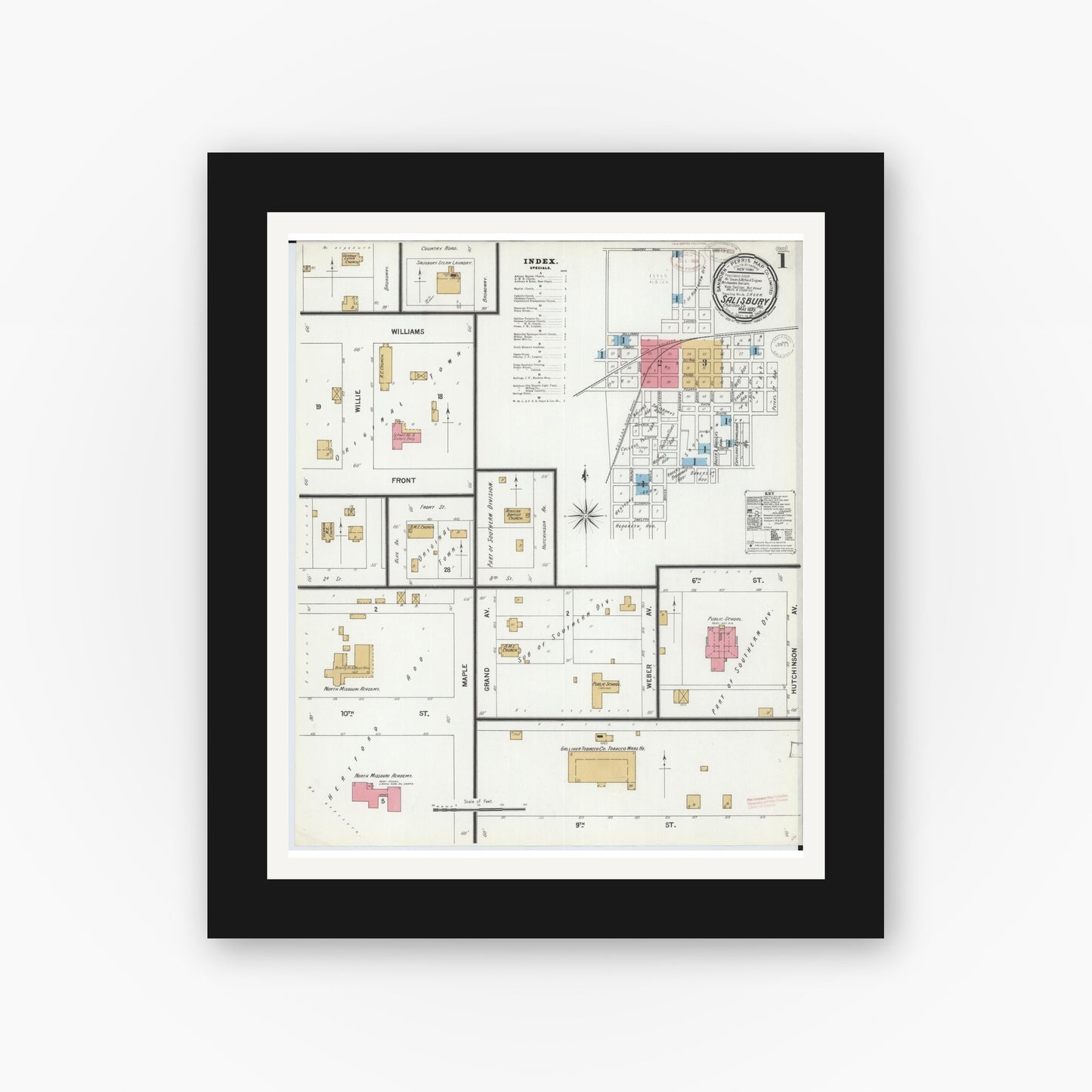 Old map wall art mockup — black gallery frame with white mat — Sanborn Fire Insurance Map from Salisbury, Chariton County, Missouri (1899) - Complete Map Set