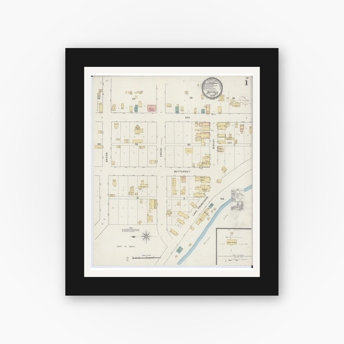 Old map wall art mockup — black gallery frame with white mat — Sanborn Fire Insurance Map from Buffalo, Wright County, Minnesota (1894), Sheet #0001