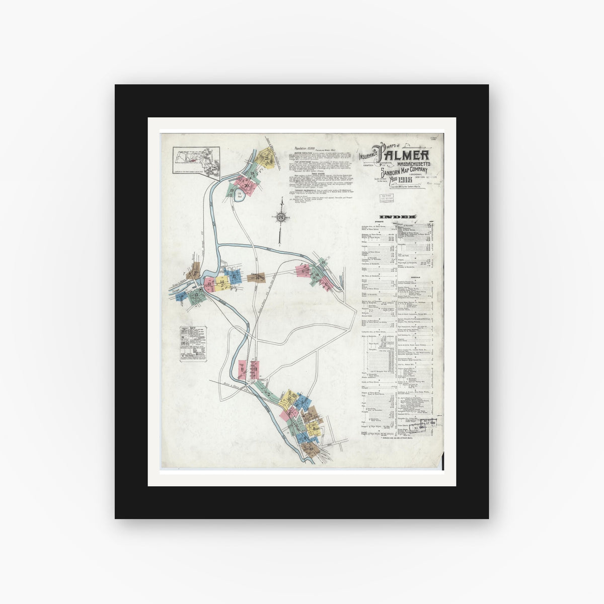Old map wall art mockup — black gallery frame with white mat — Sanborn Fire Insurance Map from Palmer, Hampden County, Massachusetts (1918) - Complete Map Set