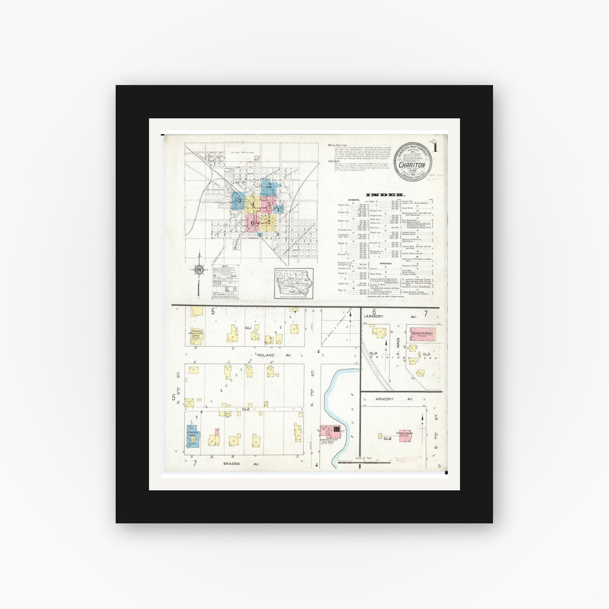 Old map wall art mockup — black gallery frame with white mat — Sanborn Fire Insurance Map from Chariton, Lucas County, Iowa (1913), Sheet #0001